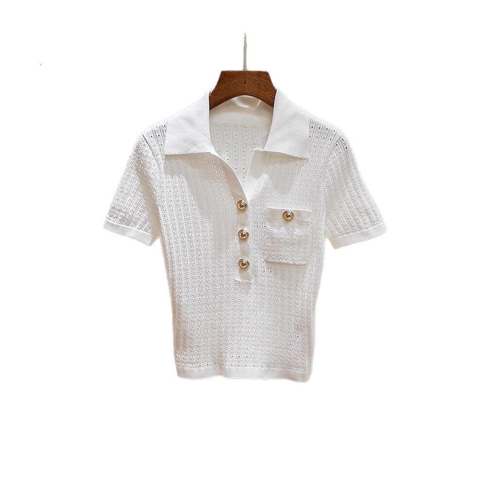 2026 Summer Age Reducing Multi functional Crochet Hook Hollow Regular Shoulder Sleeve Flip Collar Slimming Women's Knitted Short Top