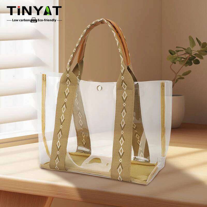 TINYAT Khaki Bohemian Style Clear PVC Tote Bag Women, Transparent Shopper Clutch Purse for Daily Use and Music Festivals XJ260306