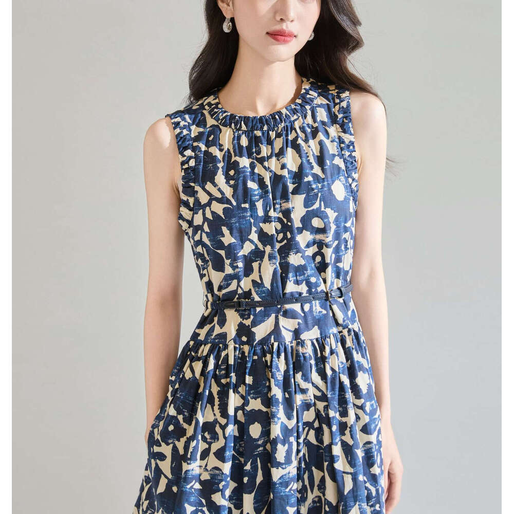2026 Spring/Summer Designer Hepburn Style Oil Painting A12 Printed Cuff Free Belt Poplin Medium Long Dress
