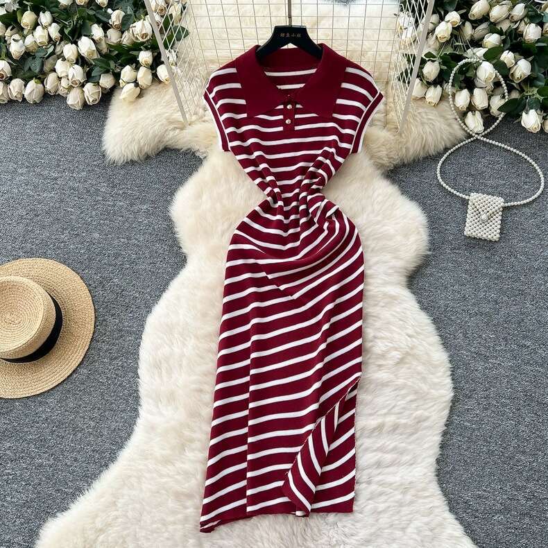 2026 Korean Fashion Summer New High end Retro Polo Collar Sleeveless Waist Slimming A13 Slant Striped Knitted Dress