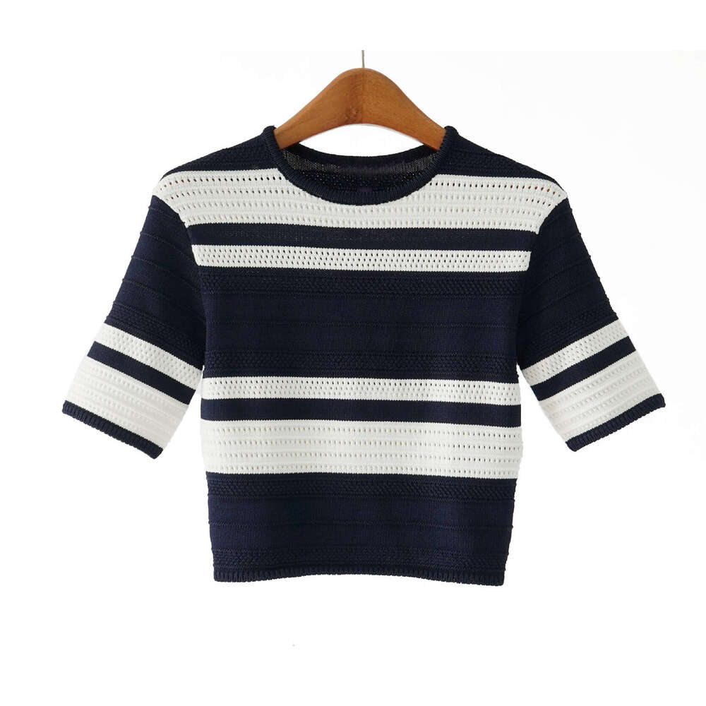 2026 Spring and Summer New Designer Multi functional Color Block Striped Round Neck Short Sleeve Knitted Top