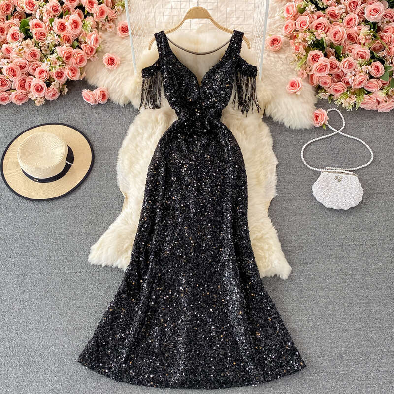 2026 A12 designer banquet elegant sequins suitable for high-end hosts with queen temperament V-neck long skirt and fish tail tight skirt