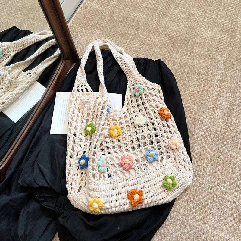 Women's Knitted Shoulder Bag Summer Pearl Handbag Ins Large Capacity Shopping Tote Woven Hollow Mesh Beach Bags Cool Girl XJ260306