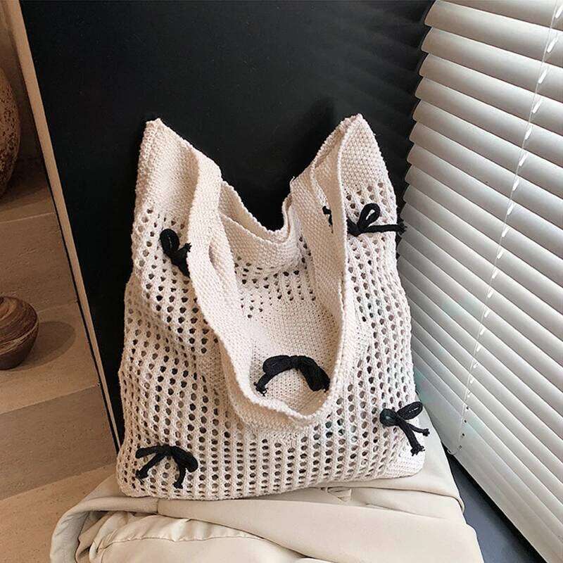 Bowknot Crochet Tote Summer Beach Mesh Knitted Large Aesthetic Shoulder Knit Handbags Hollow Hobo Bag for Women XJ260306