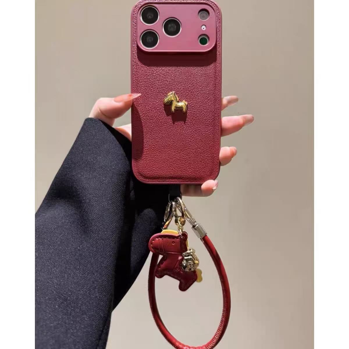 New Year Red Little Golden Horse Compatible iPhone 17 Max Phone Case Apple 16/15 Pro Lychee Pattern 14 with Lanyard
