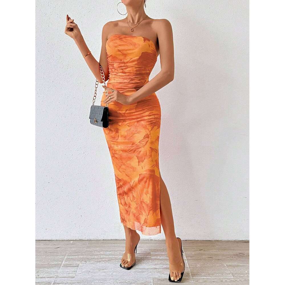 2026 designer European and American mesh floral pleated sexy tight fitting strapless tube top long skirt