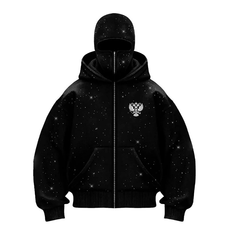 Autumn and winter hooded sweatshirt with ninja balaclava printed pattern double hood design Y2K style - view 3