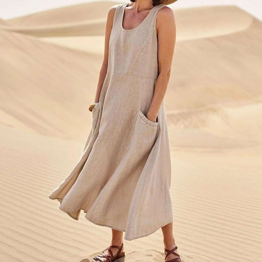 2026 Spring and Summer A12 Designer European and American Style Pocket Sleeveless Round Neck Women's Pure Cotton Dress
