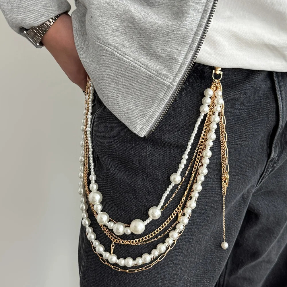 Exquisite Imitation Pearl Trousers Hipster Pant Jean Keychain for Men Punk Trousers Jeans Keyring HipHop Jewelry 260306