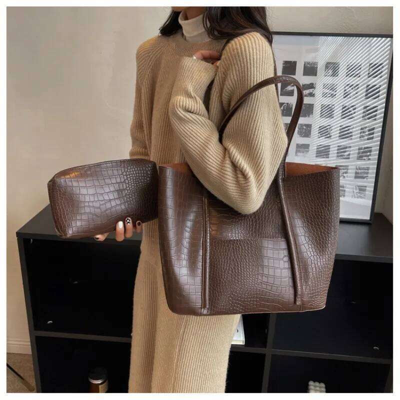 Crocodile Pattern Women Set 2-IN-1 Large Capacity Shopping Totes Shoulder Bags with Pure Color Soft PU Leather Big Tote Bag XJ260306