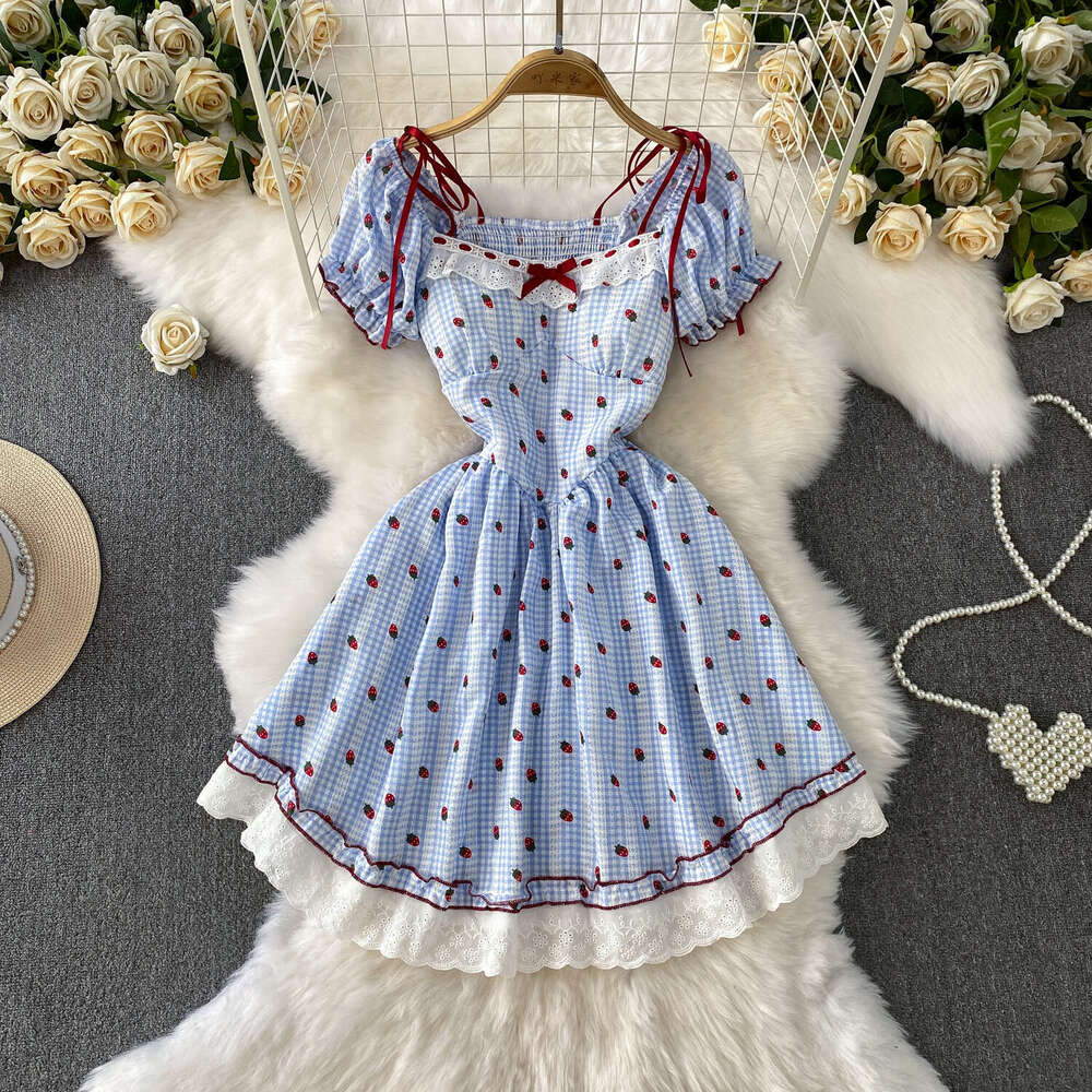 2026 Designer Women's French Plaid Sweet Lace Bordered c10 Square Neck Bubble Sleeves Summer Butterfly End Waist Slimming Dress
