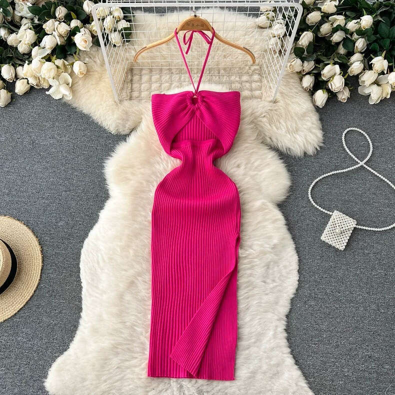 2026 high-end knitted asymmetrical collar women's clothing summer light and luxurious slit designer pure and tempting
