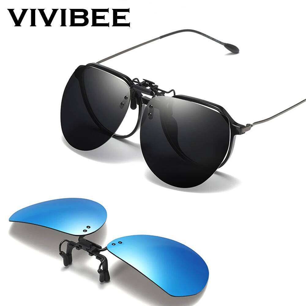 VIVIBEE Mirror Blue Men's Polarized Flip Up Clip On Sunglasses Night Driving UV400 Grey Lens Fishing Fashing Clips for Mypoic Z260306