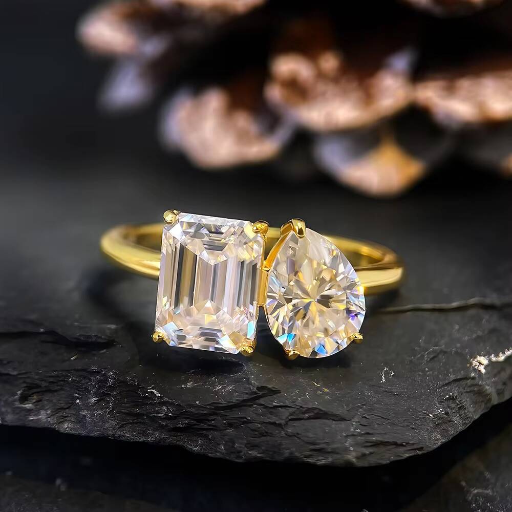 925 Sterling Silver GRA VVS Moissanite Engagement Ring for Women Pear and Princess Cut Toi Et Moi Ring