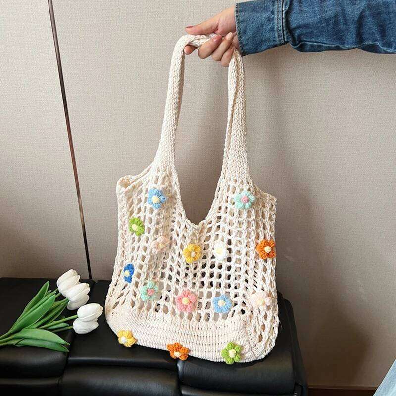 Women's Knitted Shoulder Bag Summer Pearl Handbag Ins Large Capacity Shopping Tote Woven Hollow Mesh Beach Bags Cool Girl XJ260306