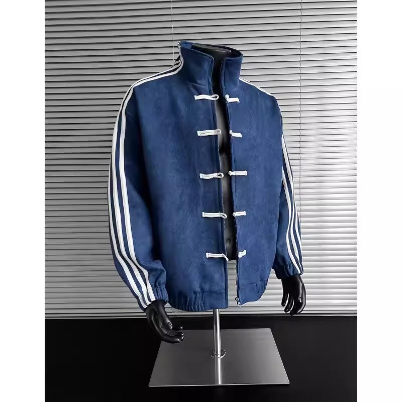 Men's New Chinese Style Three-Stripe National Wind Button Casual Jacket - High-End Stand-Collar Baseball Jacket Sports Coat for Spring and Autumn