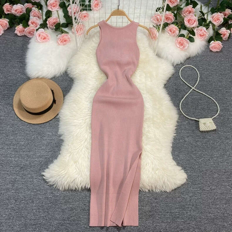 2026 spring and summer new sexy vest slim fit backless sleeveless mid length slit knit tight fitting dress