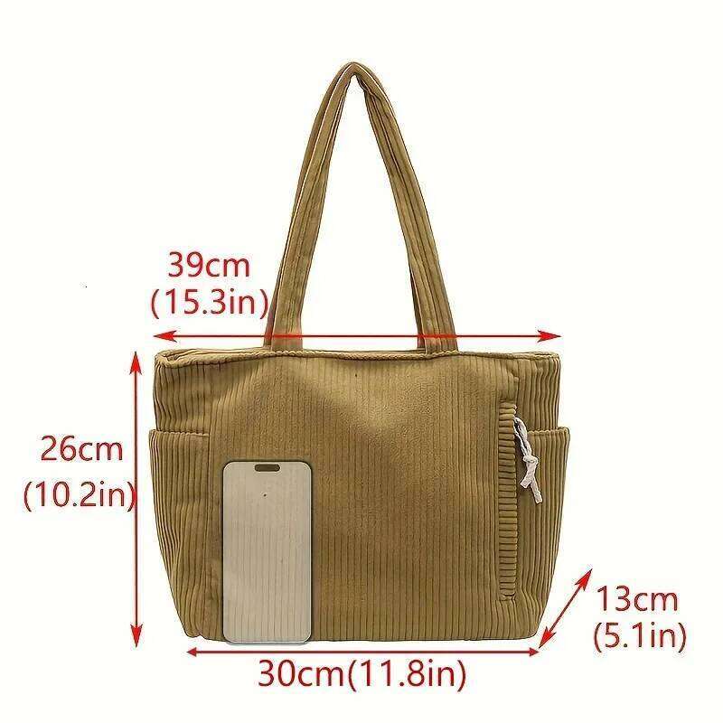 Corduroy Tote with Zipper Closure Light and Large Capacity Fixed Shoulder Strap Solid Color Daily Commuter Handbag XJ260306