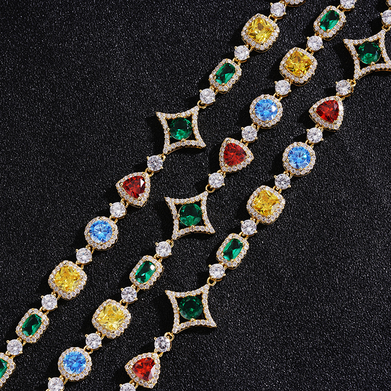 designer Cross-Border Jewelry Colorful Gemstone Bracelet European and American Hot Selling Diamond-Encrusted Hip-Hop Necklace Niche Tennis Chain Colla