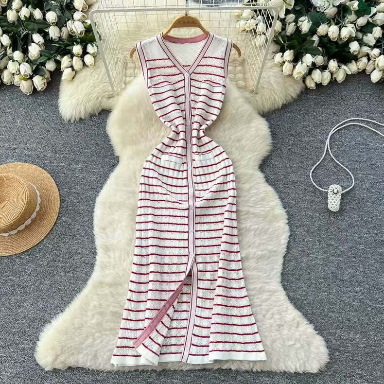 Designer French ice silk knitted striped V-neck women's summer new high-end sleeveless long skirt 2026