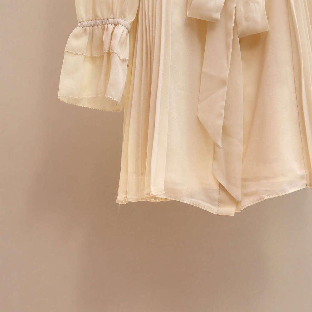 2026 autumn and winter new casual elegant style pleated patchwork bead doll collar waistband chiffon women's long sleeved dress