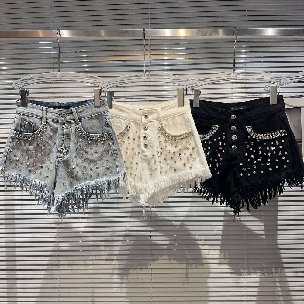 Spring Autumn Rhinestones Diamonds Beaded Jeans Tassels Edge Denim Shorts Crystal Fringed Hot Pants Sequined Cowboy Trousers XJ260306