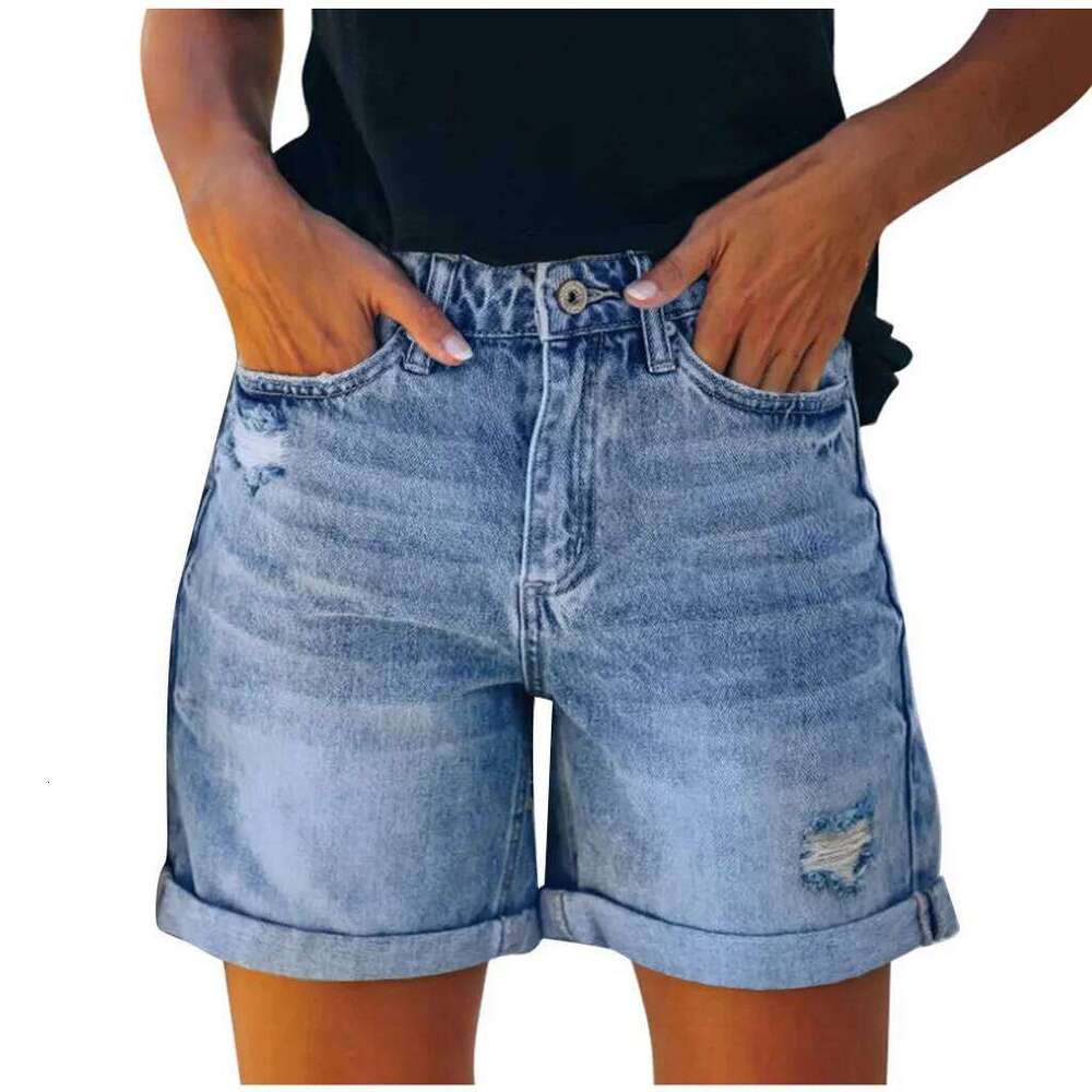 Shorts Jeans Women Denims Distressed High Waist Button Zipper Short Pants Hole Pockets Spliced Lady Straight Streetwear Summer XJ260306