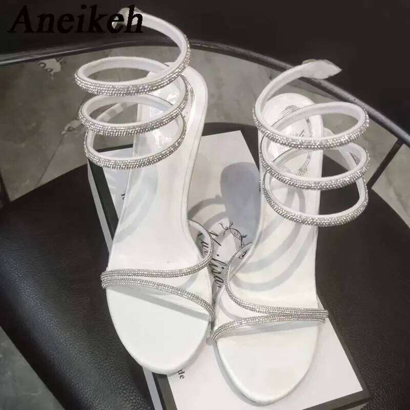 Aneikeh Star Style Luxury Crystal Snake Coiled Ankle Strap Lady Gladiator Sandals Sexy Stiletto High Heel Summer Party Prom Shoe