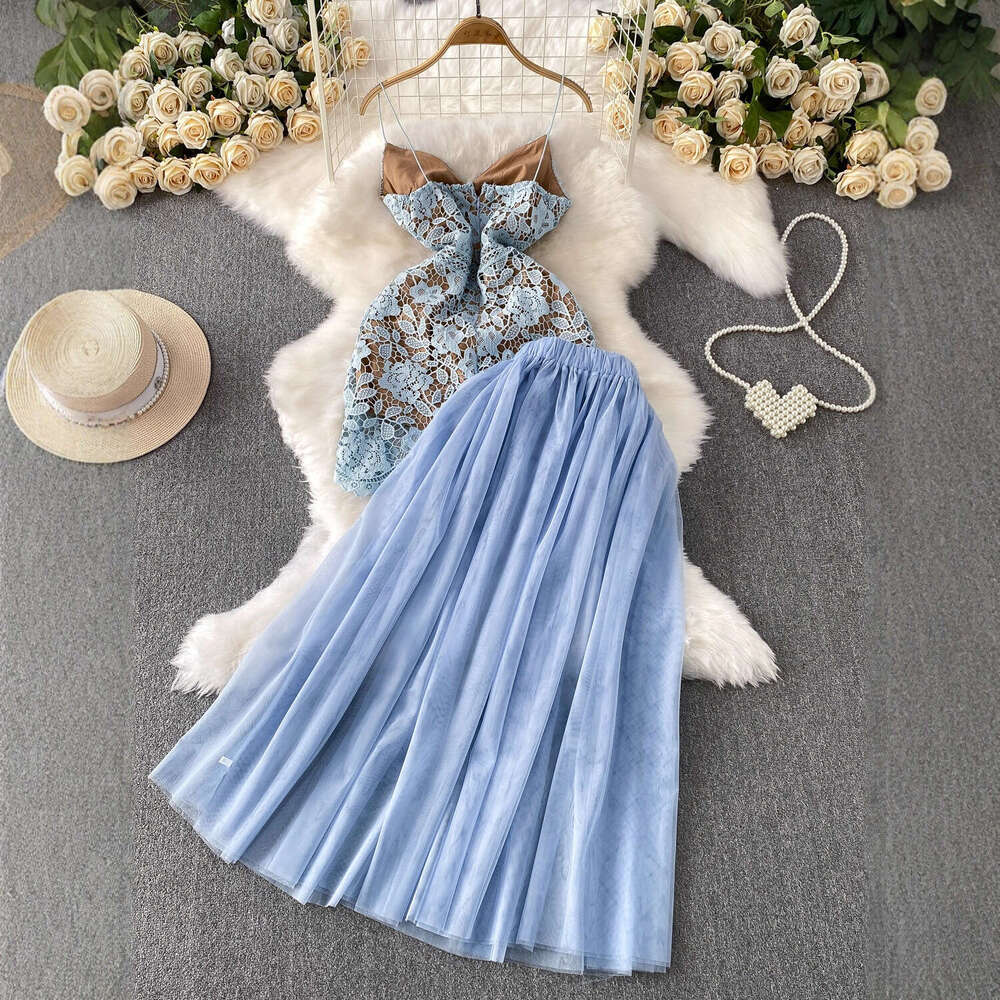 2026 high-end elegant water-soluble lace vest short skirt A12 two-piece set high waist slim fit elegant mesh half skirt