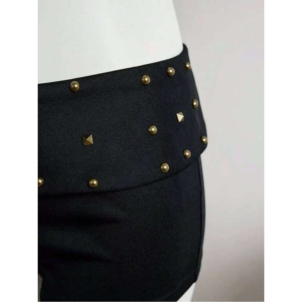 Women Y2K Low Waist Studded Fold Over Rivet Shorts Slim Fit Boxer Short Rave Mini Bottoms XJ260306