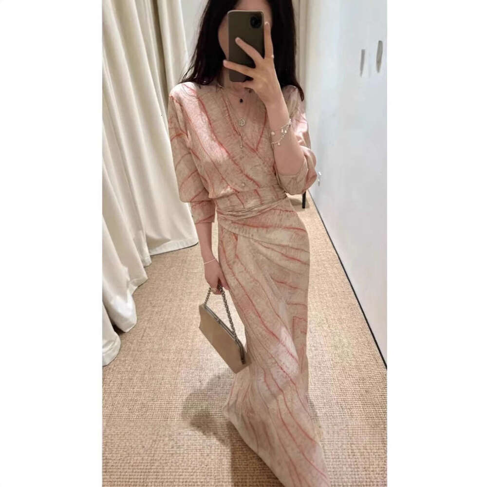 2026 Designer Women's Spring and Summer European and American Loose Fit Elegant Silk Printed Tie Dress Dress