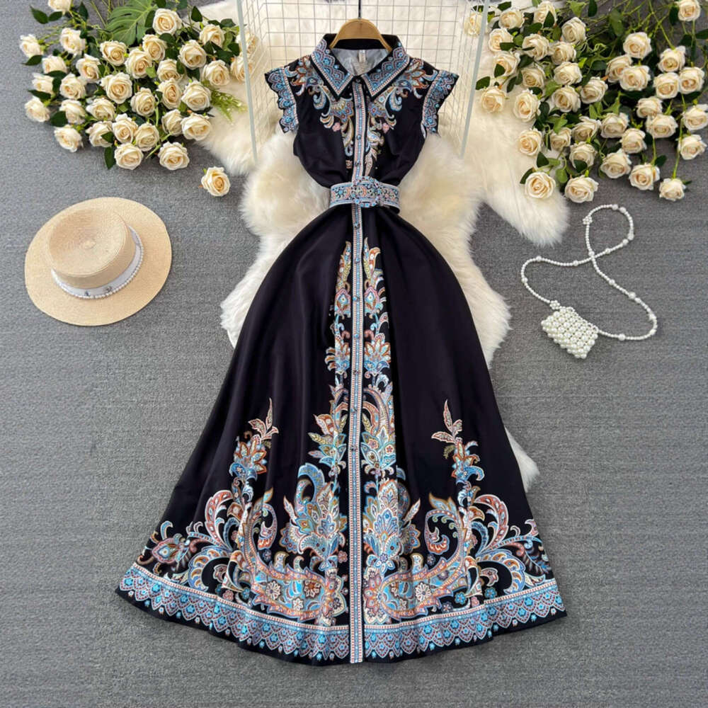 2026 designer high-end luxury style sleeve flowing collar folding waist slimming single breasted A13 A-line printed shirt skirt