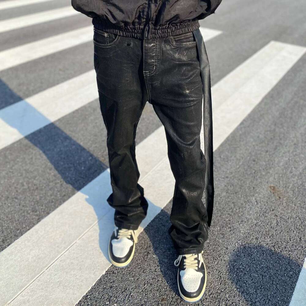 Owen Seak Mens Oil wax Jeans Classic Denim Gothic Coated Casual Flared Trousers High Street Solid Designer Pants H260306
