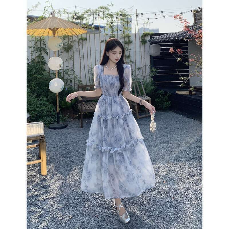 Retro Square Neck Floral Dress for Women, Summer 2024 New Style, Super Fairy-Like, Slim-Fit, Ruffled Long Dress