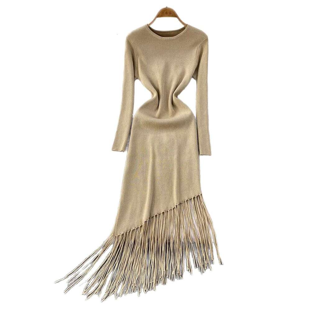 Elegant and delicate shiny silk knitted long sleeved women's 2026 French style new asymmetrical elegant tassel dress