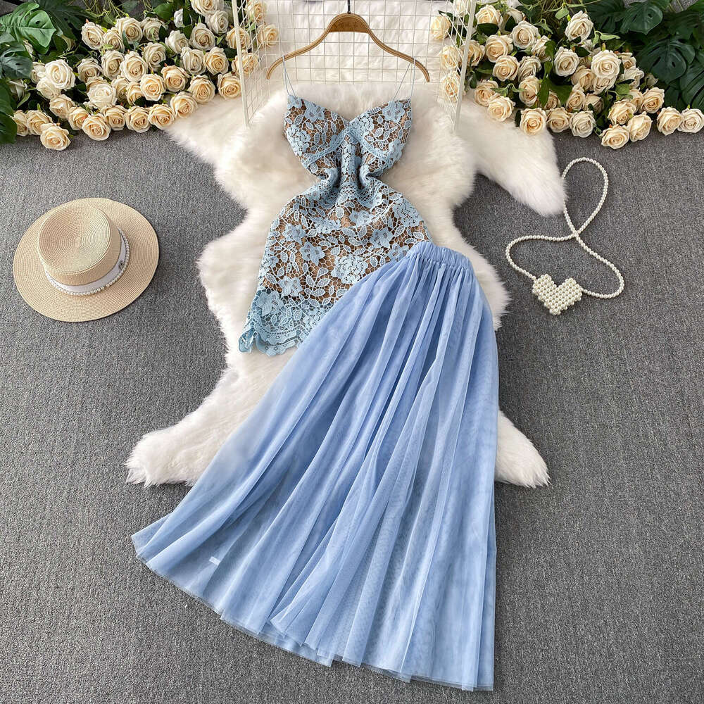 2026 high-end elegant water-soluble lace vest A15 short skirt two-piece set high waist slim fit elegant mesh half skirt