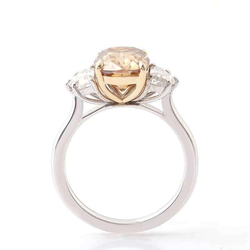 4 CT Champagne Cushion Cut Moissanite Engagement Ring Cadillac Cut Diamond Three Stone Ring 14K White Yellow Gold Jewelry