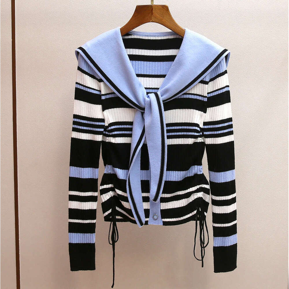 2026 designer high-end women's clothing autumn and winter new Korean style age reducing navy blue collar drawstring slim striped knitted top