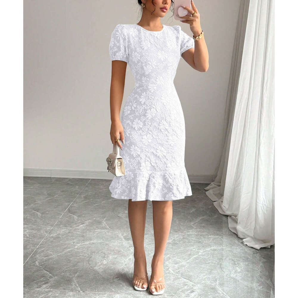 2026 European and American Spring and Summer New Women's Bubble Sleeve Jacquard Round Neck Retro Style Dress
