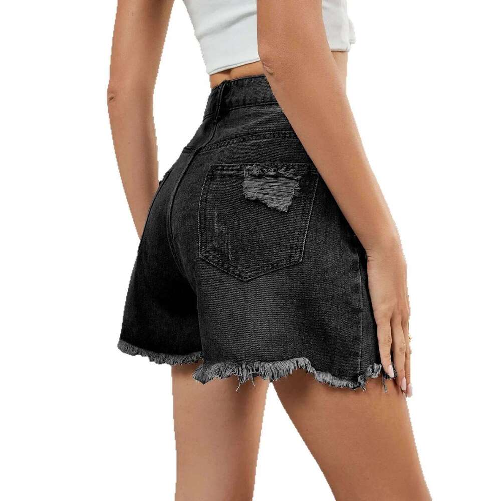 Personality Versatile Washed Ripped High-waist Shorts. Ladies Summer New Fashion Design Casual One Row Button Denim Shorts XJ260306