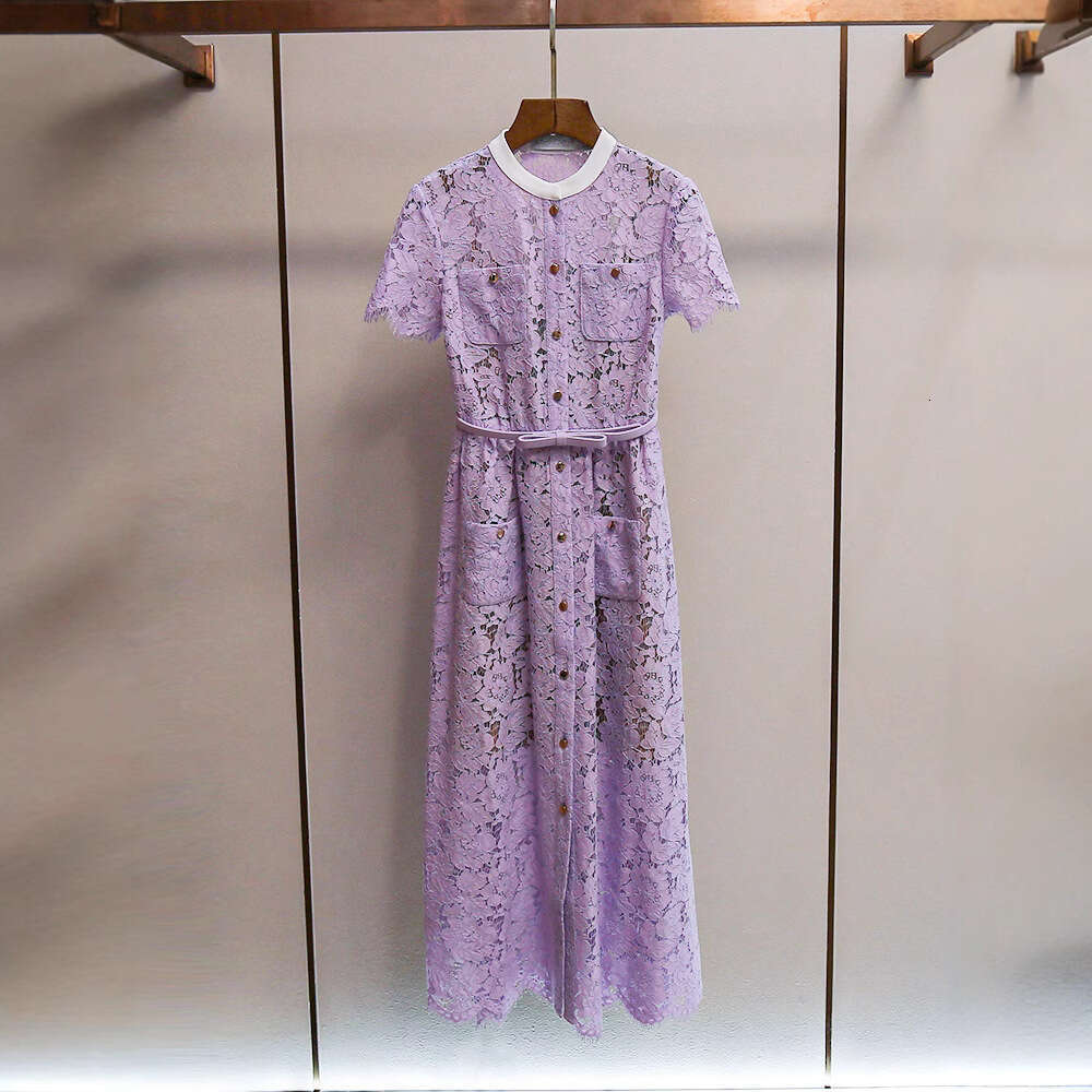 2026 Spring and Summer New French High end Social Embroidered Lace Round Neck A-line Waist Long Dress for Women