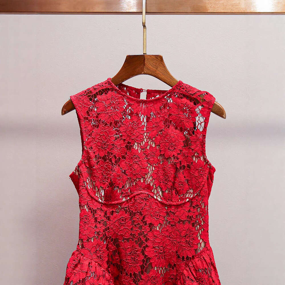 2026 Spring and Summer New High end Social Heavy Lace Hollow A-line Round Neck Sleeveless Women's Long Skirt