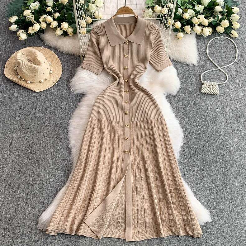 Elegant women's style short sleeved A-line new metal buckle waist slimming fish tail cut knitted dress 2026