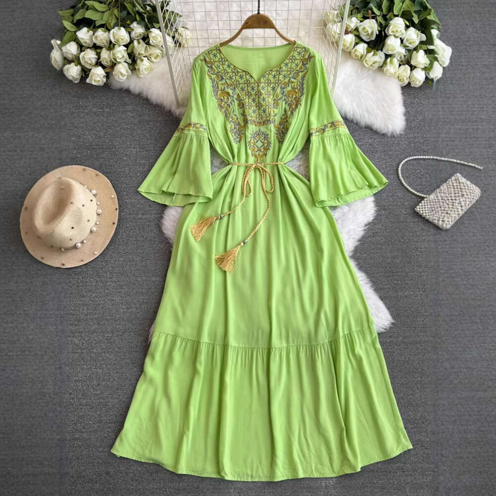 2026 Spring A13 and Autumn Embroidered Dress V-neck Waist Slimming Bell Sleeve Bohemian Style Quarter Sleeve