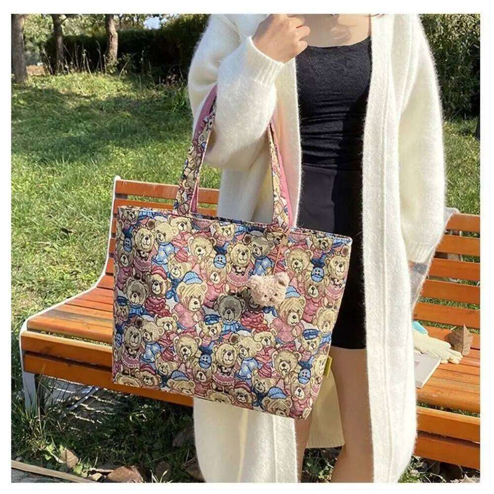 New Portable Cartoon Bear Pattern Large Capacity Casual Tote Handbag Student Shoulder Bag XJ260306