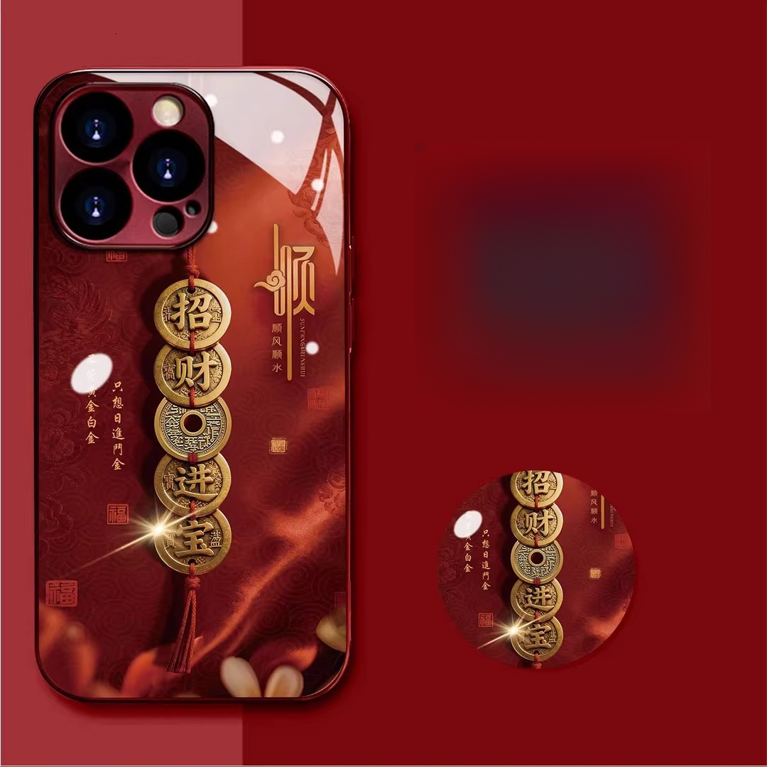 Wine red electroplated glass copper string attracting wealth and treasures, suitable for Apple 17 phone case iPhone 16 PRO MAX New Year