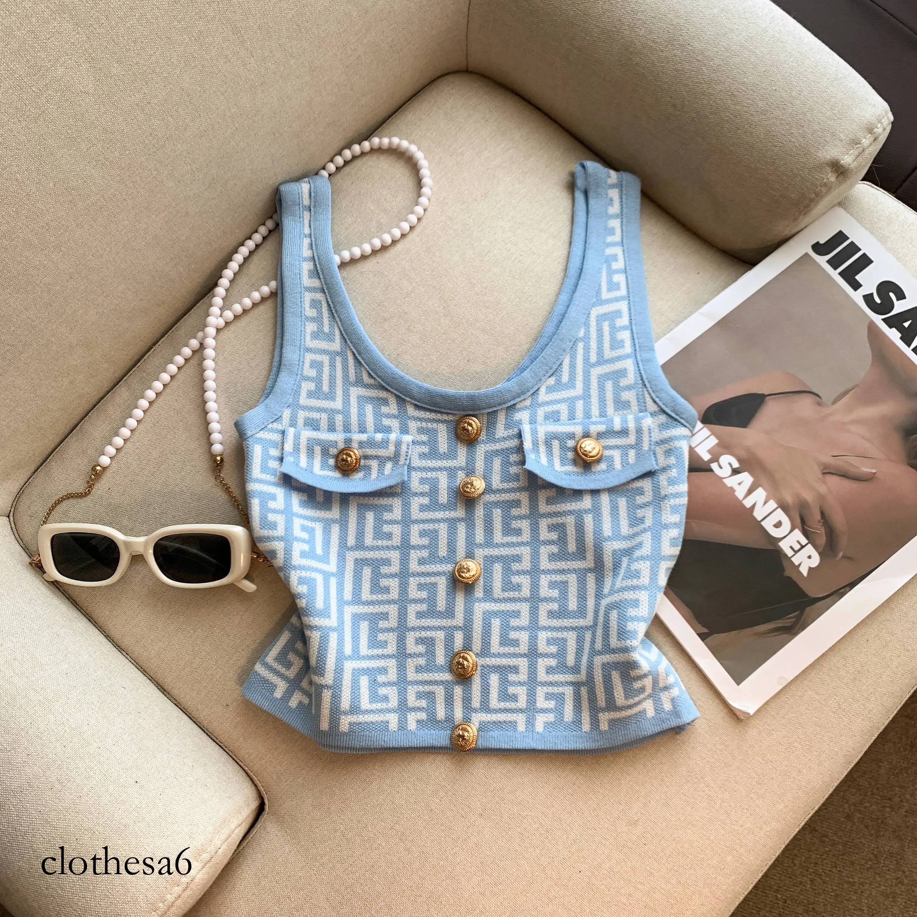 French-style square neck ice silk sleeveless top, slim fit, button sport top, knitted vest, high-end geometric jacquard top