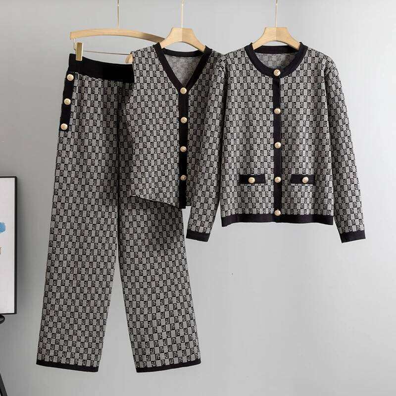 Vintage Checkered Knit 3 Piece Set - V Neck Vest, Cardigan & Wide Leg Pants - Elegant Office Lady Matching Outfit MAKOUFEI
