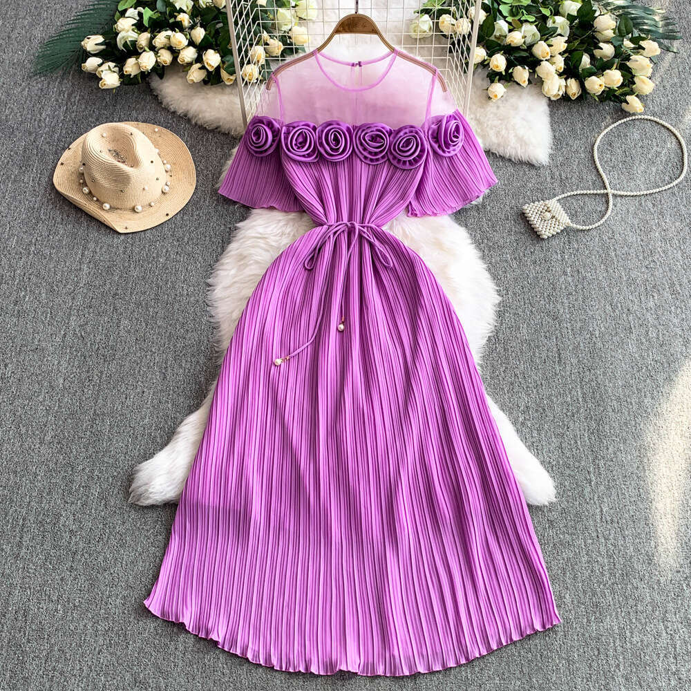 Elegant and exquisite long sleeved three-dimensional floral detail tie waist women's slim fit A-line pleated skirt 2026 spring