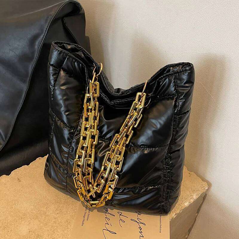 Solid Color Winter Fashion Shoulder Bags For Women, Acrylic Chain Casual Tote Designer Plaid Down Cotton Ladies Handbags XJ260306